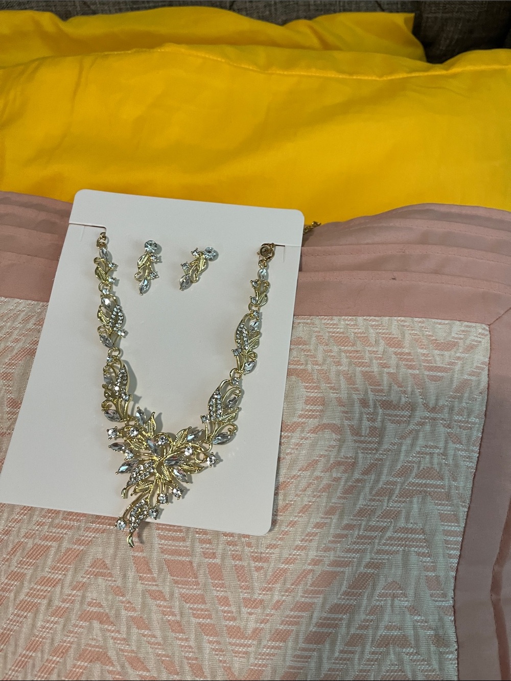 Gold Floral Crystal Necklace and Earring Set - Classic Gold Tone